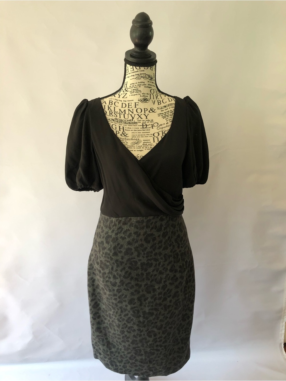 Rebecca Taylor Dress Black Draped Top with Charcoal Leopard Pencil Skirt